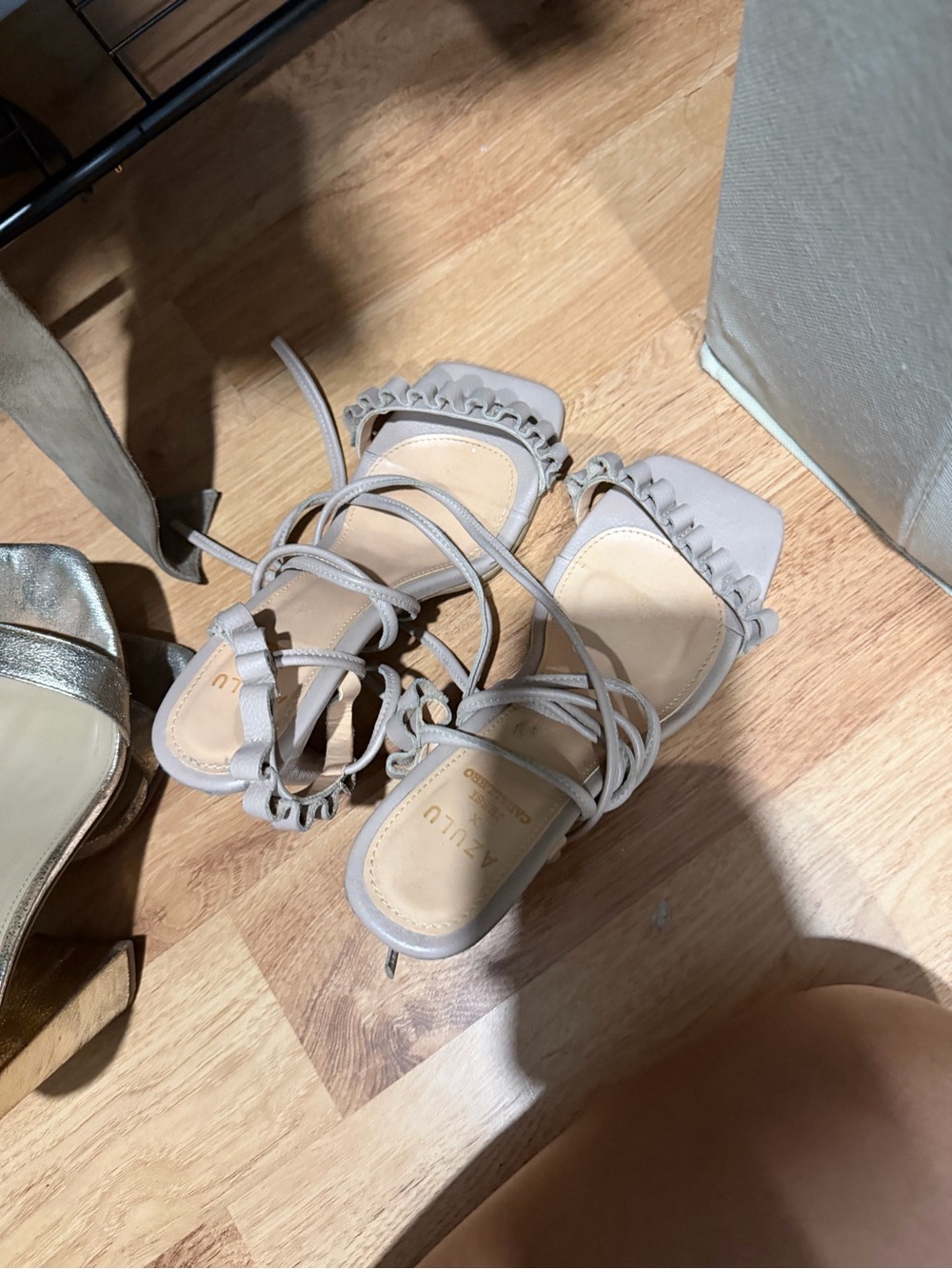 Ulu Women's Ruffle Lace-Up Heeled Sandals in Light Taupe
